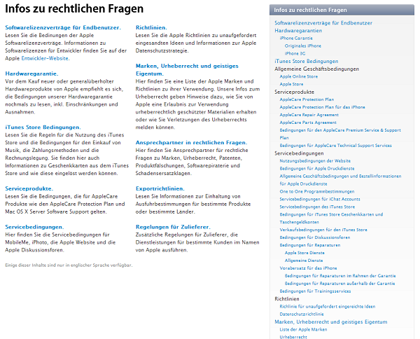 Übersicht verschiedener Apple-AGB und sonstiger rechtlicher Rahmenbedingungen.